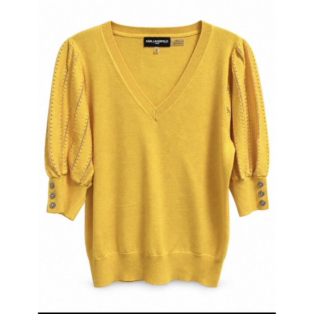 Karl Lagerfeld Paris Women’s M Yellow V Neck Puff Sleeve Rhinestone Sweater